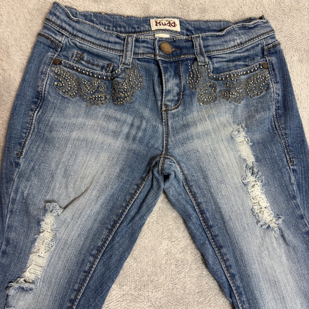 Mudd Bootcut Jeans Womens 3 Blue Studded Distressed Low Rise Y2K Denim 90s Style